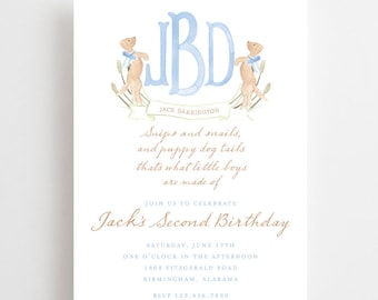 May include: A light blue and white invitation with a monogram of the letters "JBD" for a second birthday party. The invitation features a watercolor illustration of two dogs with blue bows. The text reads "Jack's Second Birthday" and includes the date, time, and location of the party.