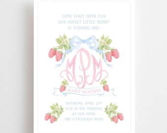 Watercolor Strawberry Invitations // printable // printed // digital // berry // crest // monogram // market // farmers // invite // bow //