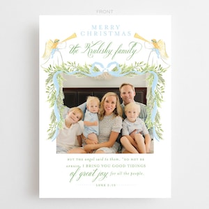 Hark the Herald Angels Watercolor Christmas Card // holiday // family // blue // garland // religious // scripture // bow // sweet // ribbon