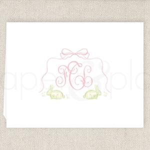 Printed Watercolor Bunny Monogram Folded Thank You Cards