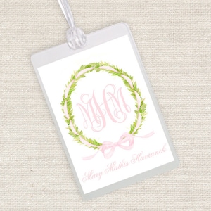 Watercolor Pink Boxwood Luggage/Diaper Bag Tag // back pack // girl // floral // monogram // bow // crest // laminated // personalized