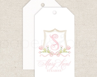 24 Cartes d’enclos Monogram Pink Floral Crest // famille // carte de visite // anniversaire // tag // cadeau // monogramme // douche // bébé // fille