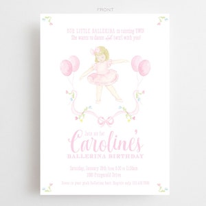 Watercolor Ballerina Invitations // printable // printed // ballet // birthday // slippers // tutu // balloons // bow // invite //