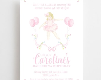 Watercolor Ballerina Invitations // printable // printed // ballet // birthday // slippers // tutu // balloons // bow // invite //