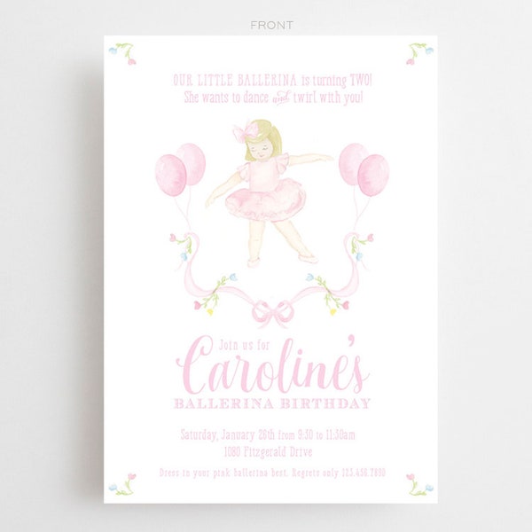 Watercolor Ballerina Invitations // printable // printed // ballet // birthday // slippers // tutu // balloons // bow // invite //