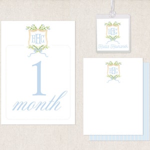 Welcome Baby Gift Set // milestone cards // diaper bag tag // notecards // envelopes // boy // crest // monogram // shower // month // thank