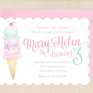 Watercolor Ice Cream Invitations // printable // printed // digital // birthday //  ice cream theme // cone // summer // invite // pastel