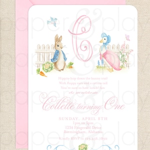 May include: A pink and blue invitation with a watercolor illustration of a bunny and a duck. The invitation is for a first birthday party for a girl named Collette. The text on the invitation reads "Hippity hop down the bunny trail with floppy ears and a cotton tail. You're sure to have lots of fun as we celebrate Collette turning one. Sunday, April 8th 1pm to 3pm 1234 Fitzgerald Drive Birmingham, Alabama Kindly RSVP to 123-456-7890"