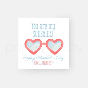 25 Printed 'You are my Sunshine' Valentine Tags // heart // watercolor // class // treat // sunglasses // boy // girl // boy // red