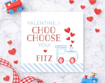 25 Printed Choo Choo Valentine Tags // watercolor // boy // party // favor // heart // train // red // blue // class // friend