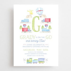 Watercolor Transportation Invitation // Printable // printed // digital // car // truck // balloon // train // crest // monogram // birthday