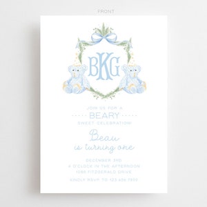 Watercolor Porcelain Bear Invitations // printable // printed // digital // crest // monogram // net // invite // birthday // shower // baby