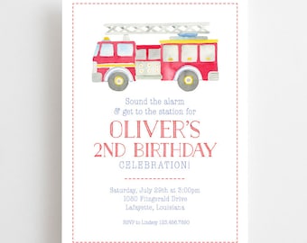Watercolor Firetruck Invitations // printable // digital // printed // fireman // fire // birthday // dalmation // truck // boy