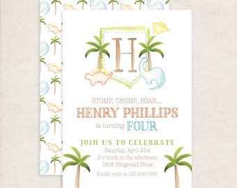 May include: A dinosaur-themed birthday invitation for a boy turning four. The invitation features a green shield with a brown letter H, surrounded by palm trees and dinosaurs. The text reads "STOMP, CHOMP, ROAR... HENRY PHILLIPS is turning FOUR JOIN US TO CELEBRATE Saturday, April 21st 2 o'clock in the afternoon 1808 Fitzgerald Drive Kindly reply to 123.456.7890"