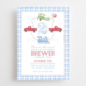 Watercolor Planes Trains Automobiles Invitation // boy // birthday // balloons // primary // party // invite // vintage // red truck // choo