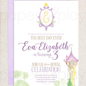 May include: Purple and gold invitation with a watercolor illustration of a tower and a sun. The text reads "Let down your hair and join us for the best day ever. Eva Elizabeth is turning 3. Join us for a royal celebration. January 28th at 10:30am at Eva Elizabeth's Tower, 1080 Fitzgerald Road, Birmingham, Alabama."