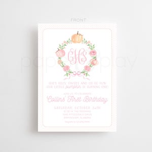 May include: A light pink and white invitation card with a pumpkin and floral wreath design. The card includes the text "Collins First Birthday" and other event details. The card has a polka dot border.
