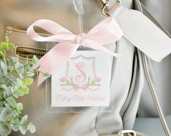 Watercolor Floral Crest Luggage/Diaper Bag Tag // back pack // girl // floral // monogram // bow // crest // laminated // personalized