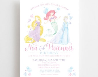 PRINTABLE Watercolor Princess Invitations // princess // birthday // rapunzel // ariel // elsa // frozen // invite