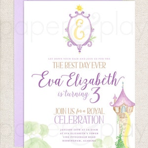 Watercolor Rapunzel Invitations // printable // printed // digital // tower // crest // disney // princess // birthday // hair // girl