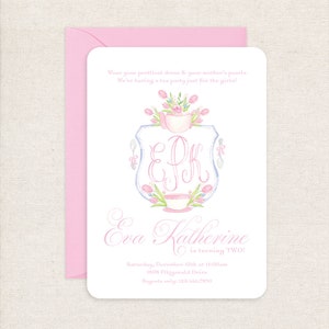 Watercolor Tea Party Crest Monogram Invitation // printable // digital // baby shower // birthday // first // floral // classic