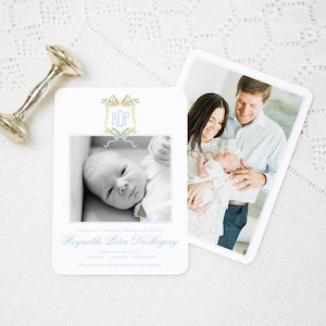 Watercolor Blue Floral Crest Birth Announcement // printed // floral // monogram // photo // crest // 2-side // baby // boy // blue