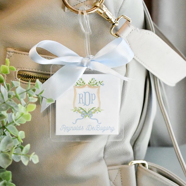 Watercolor Blue Floral Crest Luggage Diaper Bag Tag // greenery // boy // floral // monogram // bow // crest // laminated // personalized