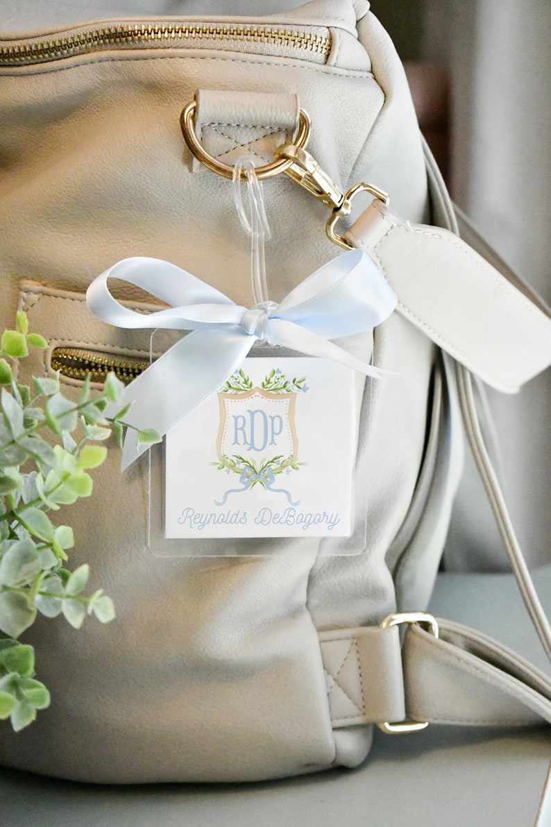 Watercolor Blue Floral Crest Luggage Diaper Bag Tag // image 0