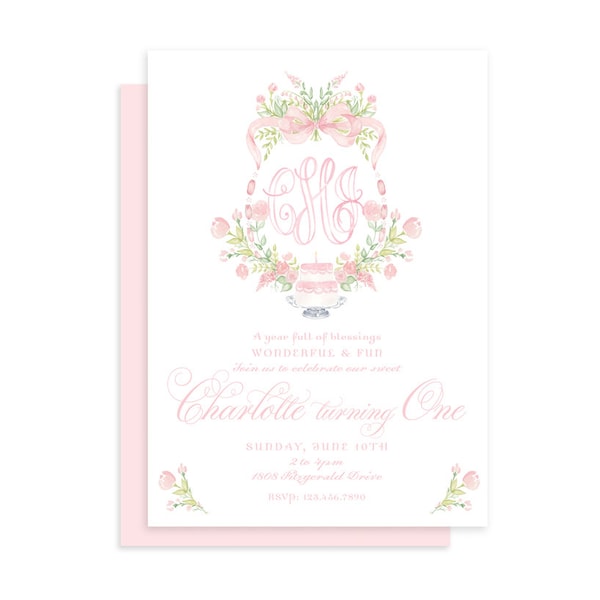 Watercolor Pink Ribbon Floral Crest Monogram Invitation // printable // digital // baby shower // birthday // first // floral // classic