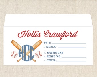 25 personalized Baseball school envelopes // watercolor // baseball // sports // monogram // pastel // preschool // MDO // teacher // money