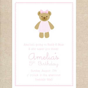 Birthday Bear Invitations // printable // digital // printed // build-a-bear // invite // girl // invite // gingham // bow