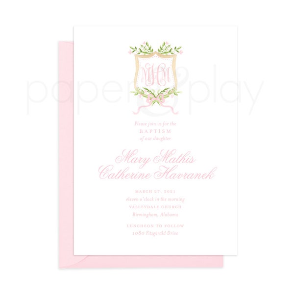 Watercolor Pink Floral Crest Monogram Invitation // printable // digital // baby shower // birthday // first // floral // classic