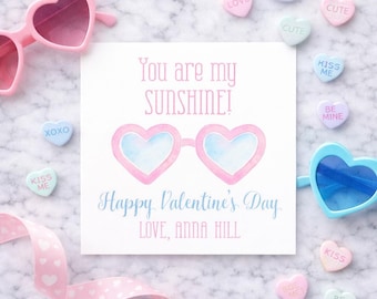 Afdrukbare valentijnskaartjes "You are my sunshine", zonnebril Valentijnssnoepjes, klasse Valentijnsbedankjes, roze, rood