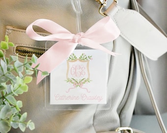 Watercolor Pink Floral Crest Luggage Diaper Bag Tag // greenery // girl // floral // monogram // bow // crest // laminated // personalized