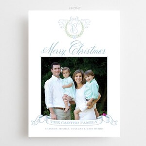 Vintage Wreath Christmas Card // 5x7 // envelopes // blue // crest // personalized // photo // green // holiday
