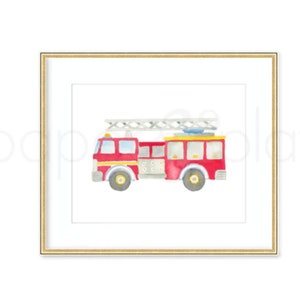 May include: A watercolor painting of a red fire truck with a yellow ladder. The truck has a white cab and black wheels. The painting is framed in a gold frame.
