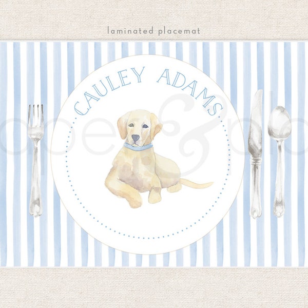 Personalized Watercolor Lab Puppy Laminated Placemat // Lab // dog // blue //  boy // place setting // play // trace // name // alphabet