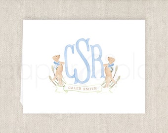 Watercolor Puppy Crest Folded Thank You Cards // baby // boy // bow // monogram // painted // notecard // birthday //  baby shower // blue