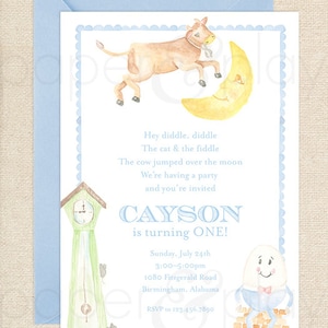 Watercolor Nursery Rhyme Invitation // printable // digital //Cow moon // humpty dumpty // clock // mother goose // birthday // baby shower