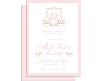 Watercolor Pink Floral Crest Monogram Invitation // printable // digital // baby shower // birthday // first // floral // classic