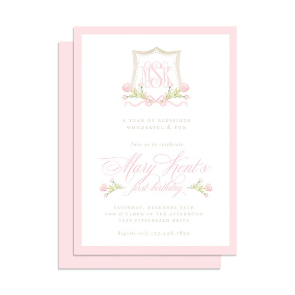 Watercolor Pink Floral Crest Monogram Invitation // printable // digital // baby shower // birthday // first // floral // classic