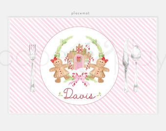 Personalized Gingerbread Girl Laminated Placemat // crest // monogram // watercolor // laminated // dinner // snack // alphabet // Christmas