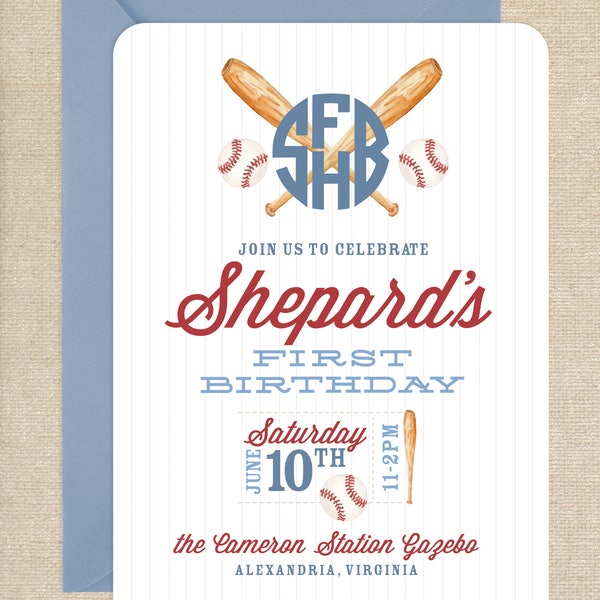 Watercolor Baseball Invitations // printable // printed // digital // birthday // sports // bat // monogram // crest // vintage