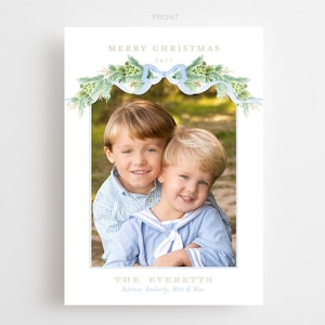 Blue Garland Watercolor Christmas Card // photo // wreath // Grandmillennial // bow // merry // holiday // announcement