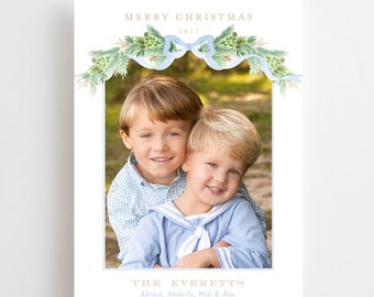 Blue Garland Watercolor Christmas Card