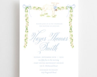 Watercolor Boy Lamb Invitations // printable // printed // digital // baptism // christening // dedication // cross // invite // boy