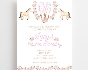 May include: A pink and white birthday invitation with a floral wreath and a monogram. The invitation says "Saddle up and ride this way, it's time to celebrate Lucy's Fourth Birthday." The invitation also includes the date, time, location, and RSVP information.
