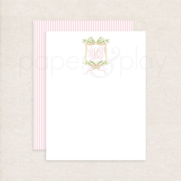 Watercolor Pink Floral Monogram Crest Thank You Cards // notecards // envelopes // baby // gift // monogram // girl // family // crest