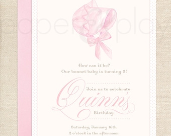Watercolor Bonnet Invitation // printable // beaufort // birthday // printed // digital // pink // bow // baby shower