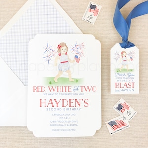 Watercolor Patriotic Invitations // printable // printed // digital // fourth of July // independence // flag // girl // watercolor // sweet